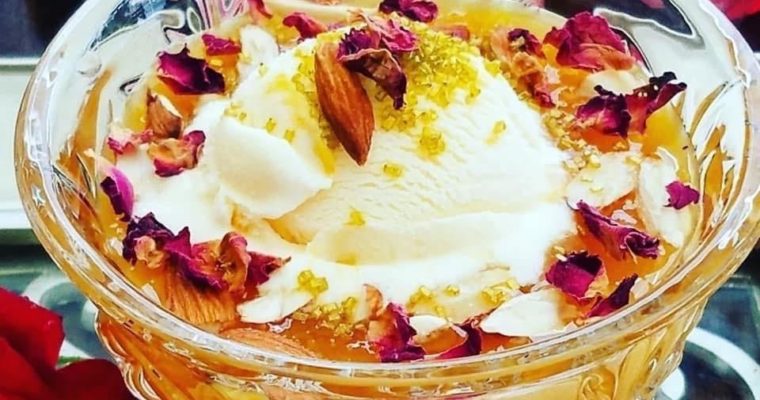 Khubani Ka Meeta /Apricots Pudding with vanilla Ice cream garnished with Almonds and edible rose petal