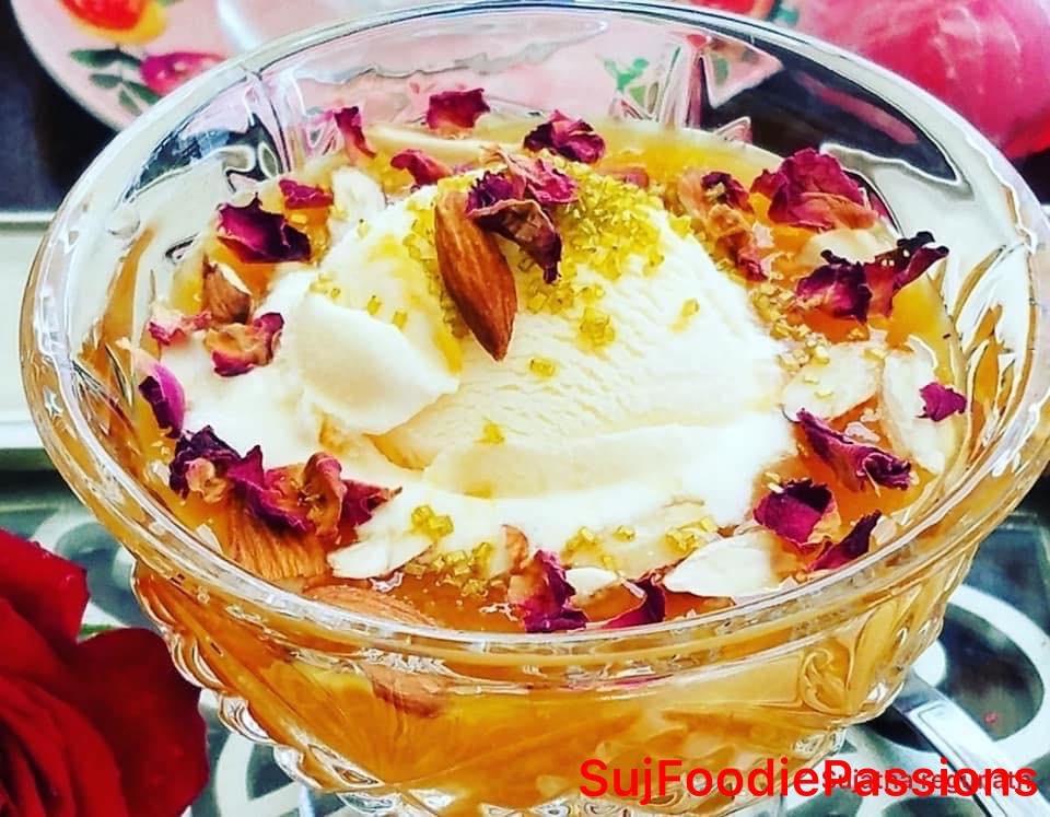 Khubani Ka Meeta /Apricots Pudding with vanilla Ice cream garnished with Almonds and edible rose petal